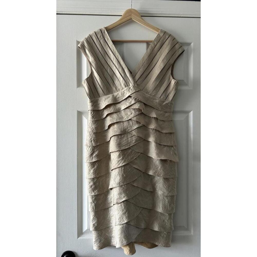 Adrianna Papell Sparkly Dress Womens 12 Gold Brown Layered Pleated Cocktail